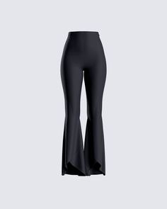 A cute pair of black high-waisted pants that are pairable with everything? yes please 😊 Made from a suiting fabric, and complete with zipper closures at side seam, a fitted flare, and tulip hems for a look that is both sleek and sexy 🖤 Sleek High Stretch Bottoms For Party, Chic Fitted Flare Leggings, Trendy Fitted Black Wide Leg Pants, Chic Wide Leg Elastane Pants For Party, Chic Fitted Full-length Leggings, Chic Elastane Leggings For Party, Stretch High-waisted Dress Pants For Evening, Fitted High-cut Leg Bottoms For Fall, Chic Party Leggings In Elastane