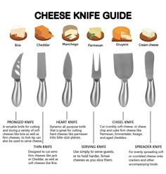 the different types of cheese knifes are shown in this diagram, with instructions for how to use them