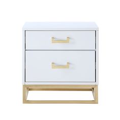 a white and gold nightstand with two drawers on one side, the other is open