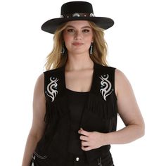 Turn jeans and a black top into a cute cowgirl costume with this accessory for adults! The black vest is darted and cropped for an open slim fit. The fabric is faux suede with some stretch and it has white embroidery details attached faux suede fringe and faux turquoise rivets for tons of western style. pbBlack Faux Suede Fringe Plus Size Cowgirl Vest product details:-b-p ul liFaux suede with stretch-li liDarted cropped design-li liEmbroidery details-li liAttached faux suede fringe on chest-li liFaux turquoise rivets-li li100% polyester exclusive of decoration-li liDoes not include hat shirt belt pants or boots-li liReview size chart for sizing information-li -ul pbCare Instructions:-b-p ul liHand wash cold with like colors-li liLine dry-li liDo not bleach or iron-li -ul Fitted Fringe Vest, Fitted Vest For Western-themed Events In Fall, Fitted Fringe Vest For Festivals, Fitted Fringe Vest For Festival, Fitted Western Vest For Spring, Western Style Fitted Vest For Spring, Spring Fitted Western Vest, Cute Cowgirl Costume, Plus Size Cowgirl