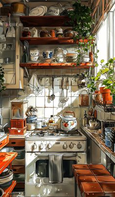 a kitchen filled with lots of pots and pans on top of wooden shelves next to an oven