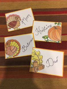 three thanksgiving cards with turkeys and pumpkins on them