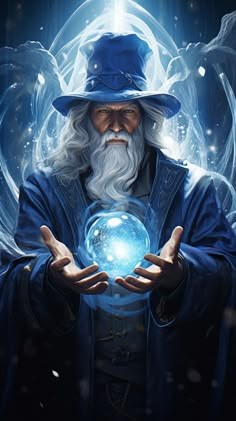 an old wizard holding a crystal ball in his hands