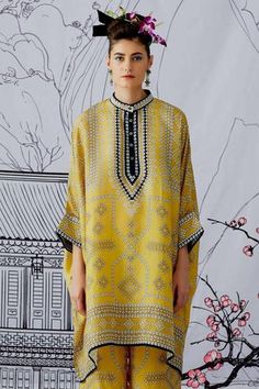 Shop for Rajdeep Ranawat Yellow Chanel Silk Printed Tunic for Women Online at Aza Fashions Rajdeep Ranawat, Satin Pant, Chanel Print, Yellow Kurta, Chanel Set, Silk Pant, Short Tunic, Tunics Online, Yellow Short