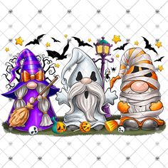 three cartoon characters dressed up as witches and ghostes with pumpkins on the ground