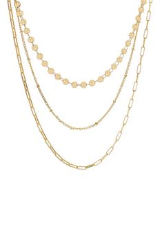 Free shipping and returns on Panacea Triple Layer Chain Necklace at Nordstrom.com. Necklace layering is made one-and-done easy with this everyday piece featuring a trio of delicate chains plated in gleaming 14-karat gold. Chain Hoodie, Layer Chain Necklace, Layered Coin Necklace, Layer Chain, Large Pendant Necklace, Layered Chain Necklace, Coin Pendant Necklace, Necklace Layering, Gold Jewelry Simple