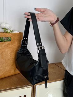 Black Punk,Unisex Collar  PU Leather Plain Baguette Bag Embellished   Women Bags Buckle Shoulder Bag, Shein Bags, Spike Bag, Shoulder Bag Outfit, Baguette Bags, Trendy Bags, Buckle Bag, Trendy Business Casual, Motorcycle Bag