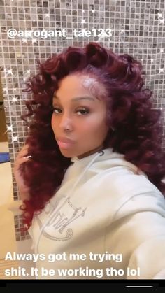 Dark Hair Color Ideas Burgundy, Jayda Wayda Burgundy Hair, Burgundy Wand Curls Weave, Burgundy Weave Hairstyles, Jayda Red Hair, 99j Hairstyles, Jayda Wayda Red Hair, Red Curly Wig For Black Women, 99j Deep Wave Wig