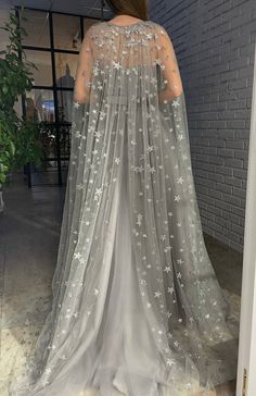 Teuta Matoshi Gown, Star Suit, Starry Wedding, Celestial Dress, Silver Wedding Dress, Teuta Matoshi, Meeting Outfit, Velvet Belt, Long Cape