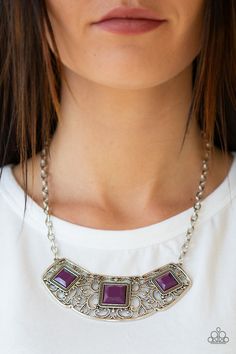 Feeling Inde-PENDANT - Purple Glistening silver filigree spins into a dramatic pendant below the collar. Square plum beads are pressed into the airy frame for a colorful finish. Features an adjustable clasp closure. Sold as one individual necklace. Includes one pair of matching earrings. Purple Statement Necklace, Silver Strand, Purple Necklace, Red Beads, Paparazzi Accessories, Blue Gems, Paparazzi Jewelry, Short Necklace, Silver Filigree