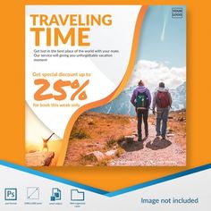 an advertisement for traveling time with two people walking up a hill