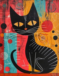 a black cat sitting on top of a colorful painting