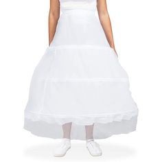 Wear this white 3-hoop petticoat under a full skirt to add volume to create a fit and flare silhouette, measuring at 28 inches in length, it can easily be worn under a wide variety of dress types. The versatile design allows the petticoat to be worn with a casual outfit, as an extra touch to your date night look, or for a ball gown or wedding dress. Fitted Full Petticoat With Ruffled Skirt, Crinoline Tiered Ruffled Petticoat, Crinoline Tiered Petticoat With Ruffled Skirt, Tiered Ruffled Crinoline Petticoat, Voluminous Ruffled Crinoline Petticoat, Spring Full Skirt Crinoline Petticoat, Fitted Full Skirt Petticoat With Gathered Skirt, Fitted Full Skirt Petticoat With Gathered Details, Fitted Full Skirt Gathered Petticoat