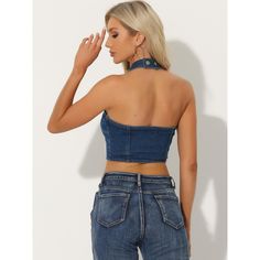 The denim top designed with sleeveless and cropped design, adds a touch of fashion to your wardrobe. The washed denim fabric and a button front design are a great highlight, full of a sense of detail and design. It can be worn on its own as a statement piece, paired with high-waisted jeans or a skirt for a trendy and casual look. Alternatively, it can be layered over a blouse or a t-shirt for a more layered and eclectic outfit. Eclectic Outfit, Eclectic Outfits, Halter Tank Top, Halter Tank, Crop Tank Top, Washed Denim, Womens Clothing Sizes, Front Design, Denim Top