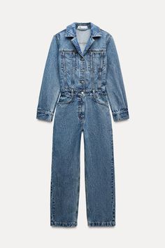 Z1975 LONG DENIM JUMPSUIT - Mid-blue | ZARA United States Spring Collared Denim Jumpsuits And Rompers, Collared Denim Jumpsuit With Button Closure, Collared Denim Jumpsuit With Pockets, Fitted Jumpsuits And Rompers With Patch Pockets For Spring, Trendy Collared Denim Jumpsuit, Trendy Workwear Denim Jumpsuit With Button Closure, Denim Workwear Jumpsuit With Buttoned Pockets, Fall Workwear Denim Button-up Jumpsuit, Spring Workwear Denim Jumpsuit With Button Closure