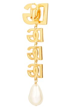 Bring Dolce&Gabbana's signature glamour to any look with these clip-on earrings flaunting goldtone logos and lustrous baroque imitation pearls. Clip-on style Nickel-free Hypoallergenic Goldtone plate/acrylic imitation pearl Made in Italy Luxury Gold Clip-on Earrings With Logo, Luxury Gold-tone Jewelry With Logo Lettering, Elegant Yellow Gold Earrings With Gold-tone Logo, Luxury Gold Earrings With Logo Charm, Designer Gold Drop Clip-on Earrings, Elegant Gold Earrings With Logo Charm, Dolce And Gabbana Earrings, Gold Clips, Engraved Logo