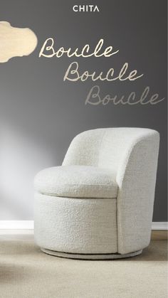 a white chair sitting in front of a wall with the words, boufle bouf