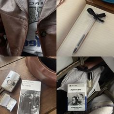 four different pictures show the contents of a purse, notebooks, and other items