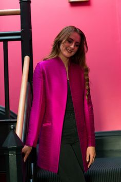 Shibumi Women's Bhumi Silk Jacket in Wild Orchid Magenta Dress Outfit Wedding, Shrug For Women, Raw Silk Dress, High Collar Jacket, Longline Jacket, Raw Silk Fabric, Ladies Blazer, Wild Orchid