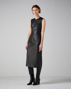 Leather Midi Dress For Night Out, Leather Midi Dress For Work, Sleeveless Leather Evening Dress, Sleek Leather Dresses For Workwear, Sleek Leather Dress For Work, Sleek Leather Workwear Dress, Elegant Sleeveless Leather Dress, Sleek Leather Midi Dress, Silk Taffeta