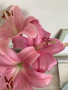 some pink flowers are in a vase on a table