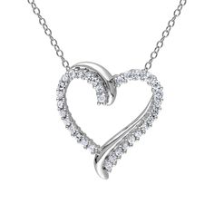 This classic heart pendant has a timeless appeal that she will love through out the years! Crafted in sterling silver, this heart pendant features round created white sapphire gemstones that embrace a heart silhouette setting. The pendant is 22mm in length and 20.2mm in width. An 18 inch sterling silver cable chain is included. Sterling Silver Open Heart Jewelry With Vvs Clarity, Classic Round White Gold Heart Necklace, White Gold Heart Pendant With Prong Setting, Heart-shaped Cubic Zirconia Necklace With Prong Setting, White Gold Heart Pendant Jewelry With Prong Setting, Classic Diamond White Heart Necklace With Diamond Cut, Classic Diamond Cut Heart Necklace In Diamond White, White Gold Heart Necklace With Prong Setting, Classic Diamond Cut Diamond White Heart Necklace