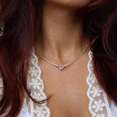 "Coquette Heart Necklace, Cubic Zirconia Necklace, Pink Heart Jewelry, Valentine's Day Gift for Her, Gift for Lover, Elegant Necklace, Statement Necklace ☽ 14K Gold Plated + Water Resistant Coated ☽ PLEASE NOTE: The length of this necklace is 16\" + a 2\" extender ✧･ﾟ: *✧･ﾟ･ﾟ: *✧･ﾟ･ﾟ: *✧･ﾟ･ﾟ ☽  This beautiful sparkly heart necklace is the perfect gift for any coquette aesthetic lover looking to add a statement piece to their jewelry collection <3 ☽ All pieces of jewelry are handmade with love, j Crystal Heart Cut Necklace With Heart Charm, Pink Cubic Zirconia Heart Necklace For Wedding, Pink Cubic Zirconia Heart Necklace, Pink Heart Cut Cubic Zirconia Necklace, Valentine's Day Crystal Heart Charm Necklace, Mother's Day Heart Cut Crystal Heart Necklace, Pink Rhinestone Necklace For Valentine's Day, Crystal Heart Necklace For Valentine's Day, Pink Heart Charm Necklace In Cubic Zirconia