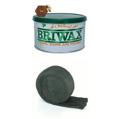 a can of briwax next to a roll of black fabric on a white background