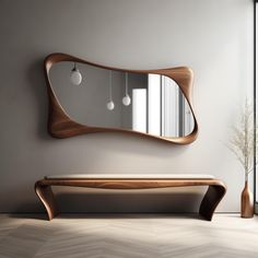 a wooden bench sitting next to a large mirror