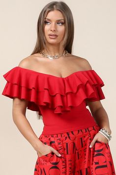 Flirty Sleeveless Ruffled Top, Flirty Sleeveless Tops With Ruffles, Red Stretch Ruffle Tops, Stretch Top With Ruffled Straps And Details, Red Ruffled Stretch Tops, Stretch Ruffle Tops For Night Out, Stretch Ruffled Tops For Night Out, Off-shoulder Ruffled Tops For Night Out, Flirty Fitted Top With Ruffles