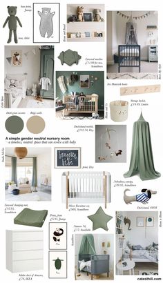 a collage of baby's nursery furniture and decor