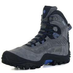 a pair of gray and blue hiking boots