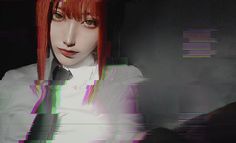 a woman with red hair and white shirt standing in front of a black background,