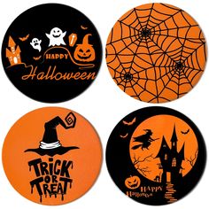 four halloween coasters are shown in three different designs