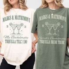 two women standing next to each other wearing matching t - shirts that say margarita and matrimony