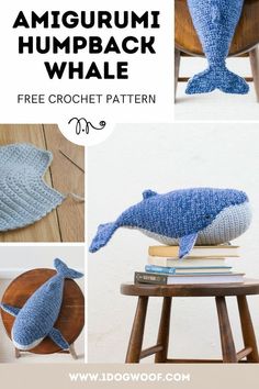 the amigurm humpback whale is knitted in blue yarn and sits on top of a wooden stool