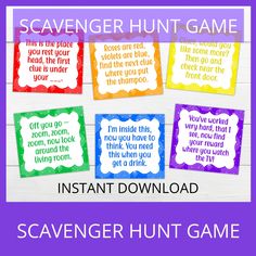 the scavenger hunt game is shown with four different colors and phrases on it