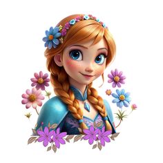 a cartoon character with long hair and blue eyes wearing a flower crown, standing in front of purple daisies