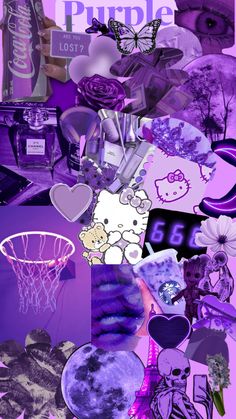 purple collage with teddy bears, flowers and other things on it's side