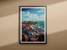 a poster hangs on the wall above a beach