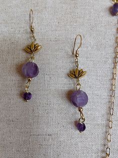 Amethyst Necklace & Drop Earring Set - Etsy Handmade Antique Purple Jewelry, Antique Handmade Purple Jewelry, Bohemian Gold Earrings With Faceted Beads, Gold Faceted Brass Earrings, Spiritual Czech Glass Earrings For Jewelry Making, Gold Faceted Brass Jewelry, Faceted Yellow Gold Brass Jewelry, Faceted Gold Brass Jewelry, Vintage Amethyst Jewelry For Healing