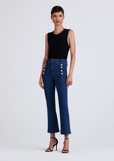 Dark Wash Robertson Crop Flare Trousers | Women's Denim by Derek Lam 10 Crosby Cropped Flare Jeans With Button Closure, Chic Denim Flare Jeans With Buttons, Cropped Leg Workwear Bottoms With Buttons, Denim Cropped Leg Bottoms With Buttons, Denim Bottoms With Buttons And Cropped Leg, Cropped Leg Denim Bottoms With Buttons, Spring Cropped Leg Jeans With Buttons, Chic Dark Wash Jeans With Buttons, Straight Leg Denim Jeans With Button Cuffs