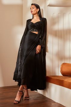 Saree With Jacket, Tulle Lehenga, Tulle Jacket, Black Pleated Skirt, Embellished Jacket, Black Saree, Lehenga Saree, Party Wear Indian Dresses