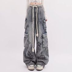 Spring Grunge Wide-leg Cargo Pants, Spring Grunge Wide Leg Cargo Pants, Grunge Cargo Pants For Spring Streetwear, Spring Grunge Cargo Pants For Streetwear, Spring Grunge Streetwear Cargo Pants, Grunge Cargo Pants With Pockets For Spring, Grunge Cargo Jeans For Spring Streetwear, Grunge Denim Blue Pants For Streetwear, Hip Hop Denim Cargo Pants