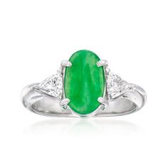 Ross-Simons - C. 1990 Vintage Jade, .38ct t.w. Diamond Ring Oval Cut in Platinum. Size 5.25. C. 1990. Breathtakingly different, this ring from our Estate collection is a must-have. A 10.10x7.05mm oval jade cabochon glows next to .38 ct. t.w. trilliant-shaped diamonds. Crafted in polished platinum. 3/8" wide. Diamond and jade ring. Exclusive, one-of-a-kind Estate Jewelry. Vintage Tiffany Jewelry, Diamond Ring Oval, Blue Topaz Pendant Necklace, Ruby Bangles, Pearl Chandelier Earrings, Diamond Chandelier, Sapphire Necklace Pendants, Tourmaline Pendant, Tiffany Jewelry