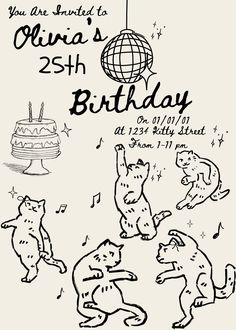 a drawing of cats dancing around a birthday cake