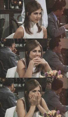 two pictures of the same person sitting at a table with flowers in front of them