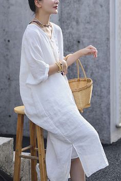 Slit White Linen Summer Women Dresses Short Sleeve Long Loose Women Dresses 17292 Linen Summer, Dresses Short