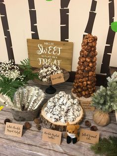 a table topped with lots of desserts next to a forest sign and pine cones