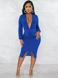 Material:Milk Silk. 80-90% Polyester & Spandex. Features:Long sleeve. low-cut. solid color. ruched. split. bodycon midi dress.Style:Party Run Small. Order One Size Up Club-ready Ruched Midi Dress, Solid Color Midi Dress For Club, Stretch Solid Color Midi Bodycon Dress, Knee-length Bodycon Midi Dress For Club, Bodycon Knee-length Midi Dress For Club, Solid Color Midi Length Bodycon Dress For Night Out, Solid Color Midi Bodycon Dress For Night Out, Knee-length Solid Bodycon Dress For Date Night, Knee-length Bodycon Midi Dress